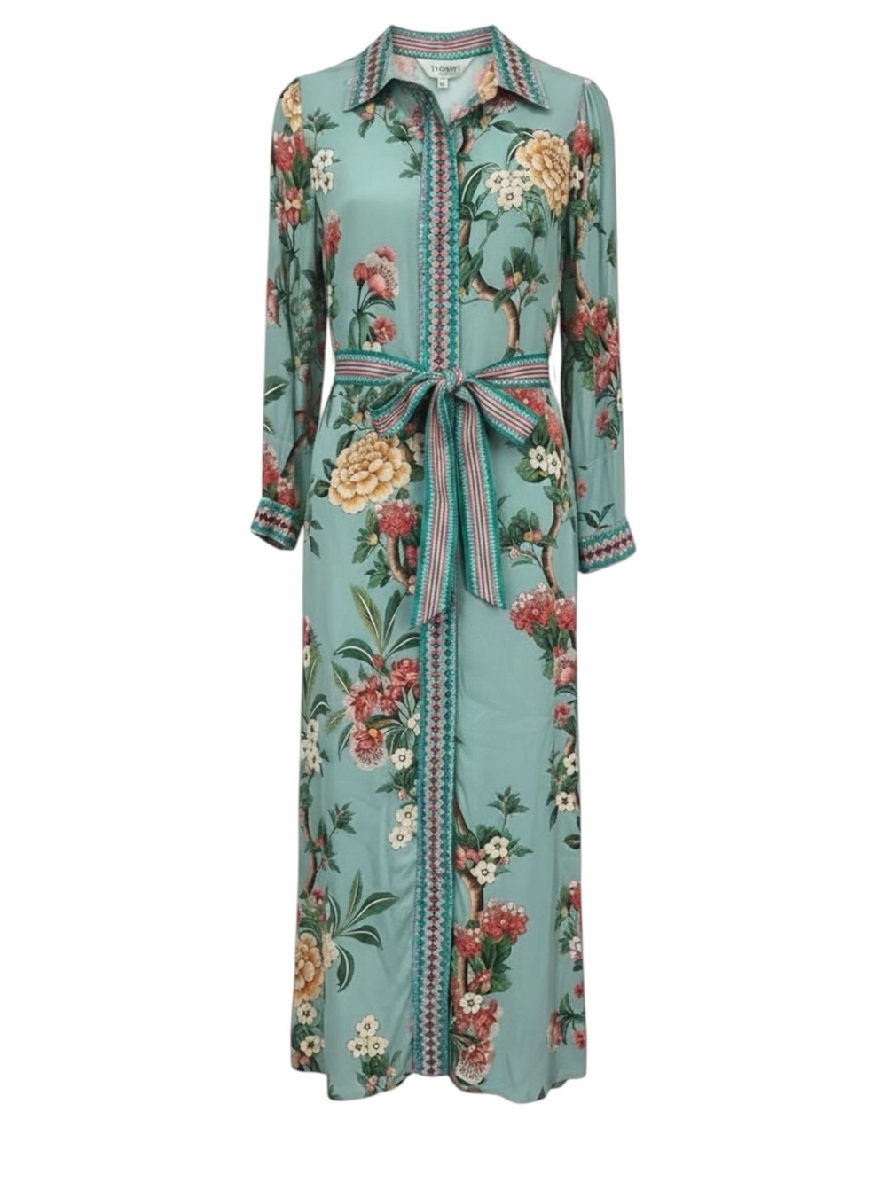 Raishma Studio Enola Crepe Floral Long Sleeve Button Up Belted Maxi Shirt Dress